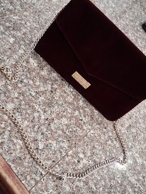 Velvet Envelope Gold Tone Chain Crossbody Bag in Deep Burgundy - Brand New